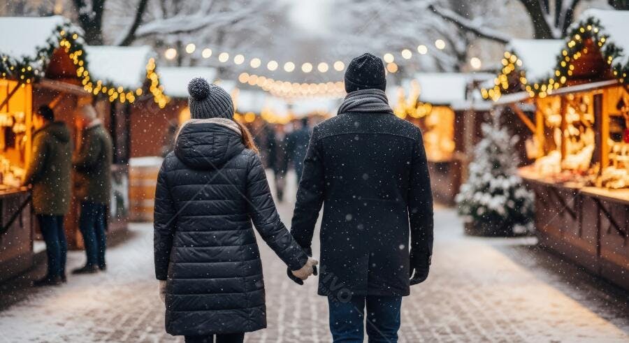 Casal de mãos dadas caminhando em mercado de Natal nevado com luzes festivas