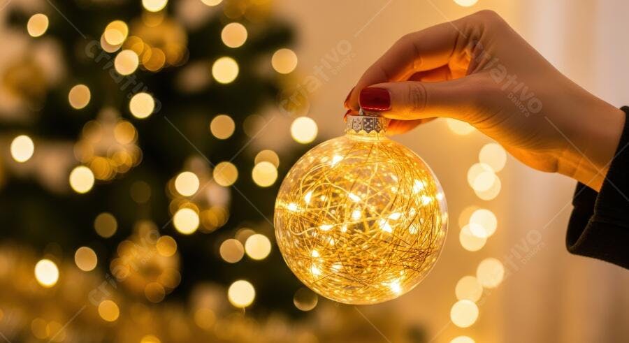 Mulher segurando enfeite de Natal dourado e brilhante em árvore decorada