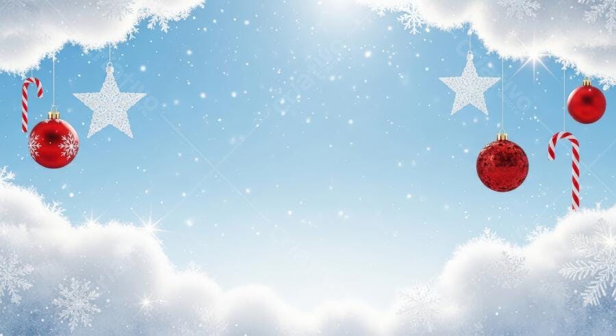 Enfeites de Natal pendurados em fundo de céu azul nevado festivo