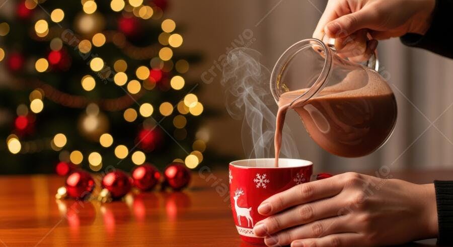 Mãos servindo chocolate quente em caneca vermelha de Natal com árvore iluminada