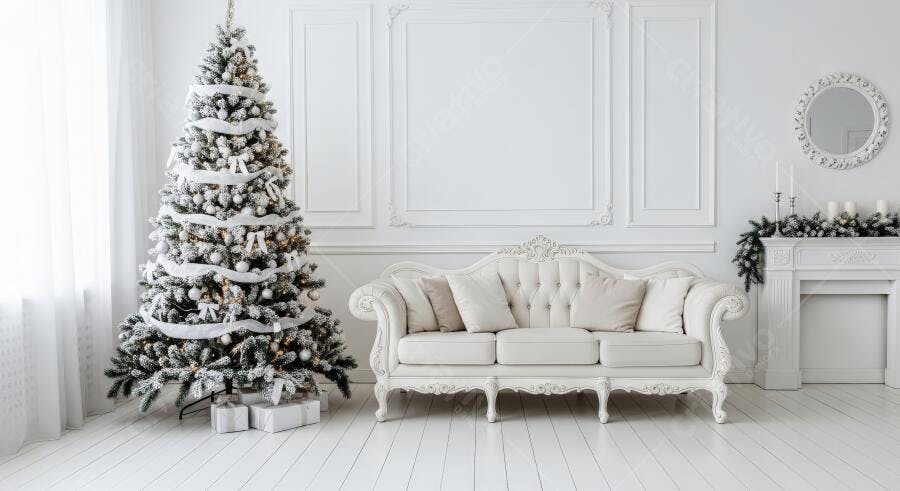 Árvore de Natal flocada e sofá elegante em sala branca luxuosa
