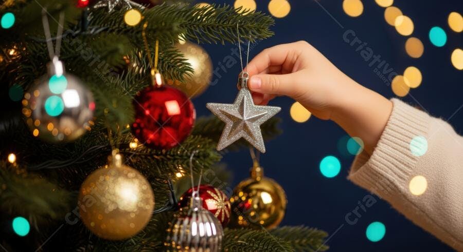 Mão decorando árvore de Natal com estrela prateada e bolas coloridas