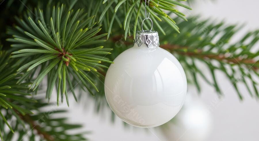 Bola de Natal branca em galho de pinheiro festivo