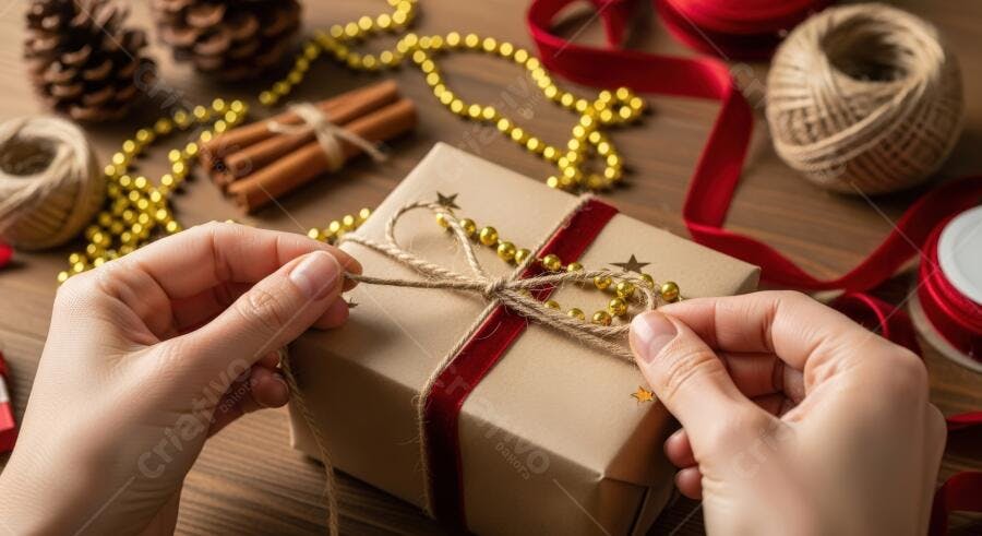 Mãos embrulhando presente de Natal com fita vermelha e pinhas na mesa de madeira