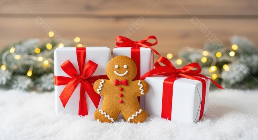 Homem de gengibre feliz presentes vermelhos e brancos na neve de Natal