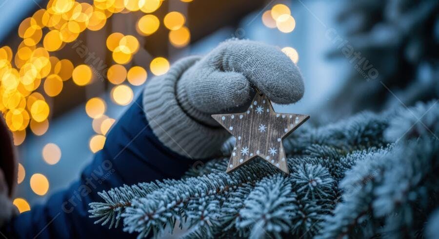 Mão com luva cinza segurando estrela de natal de madeira em pinheiro nevado com luzes bokeh