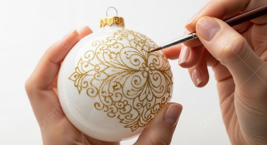 Mãos femininas decorando delicado enfeite de Natal branco e dourado com glitter