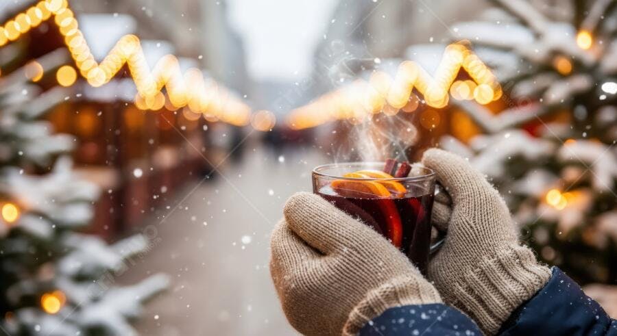 Mãos enluvadas segurando vinho quente fumegante em mercado de Natal com neve