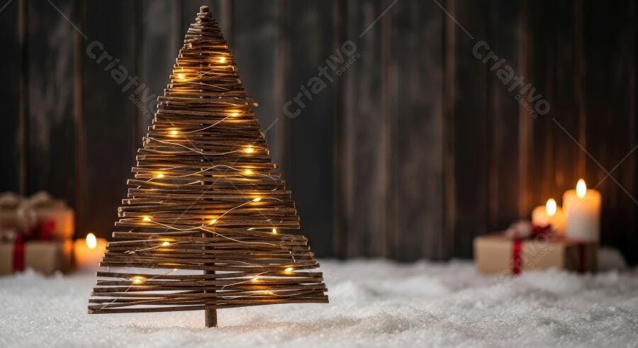 Árvore de Natal artesanal de madeira rústica com luzes brancas quentes em neve natalina