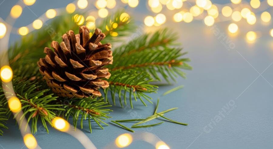 Pinha e ramos de pinheiro com luzes festivas em fundo azul cinzento para Natal