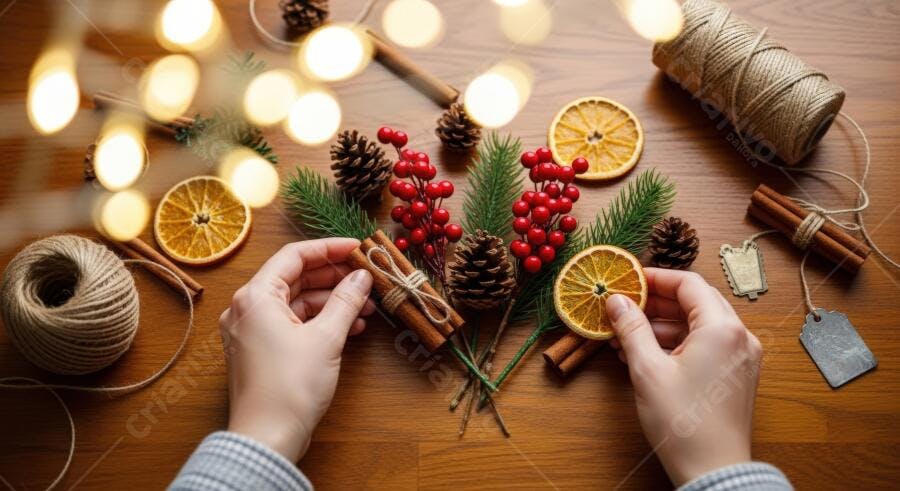 Mãos femininas preparando decoração de Natal com especiarias e pinhas em mesa de madeira