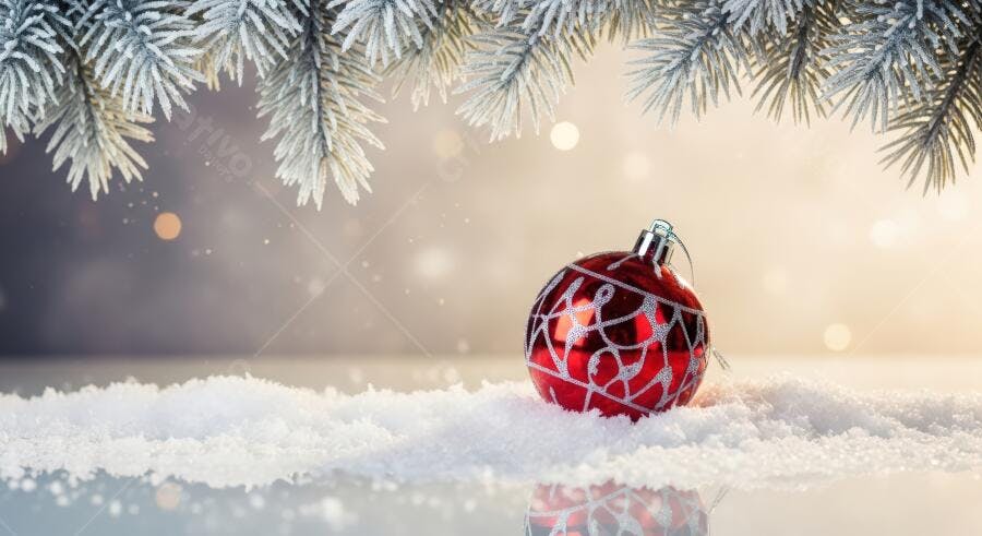 Bola de Natal vermelha na neve com pinheiros e luzes festivas