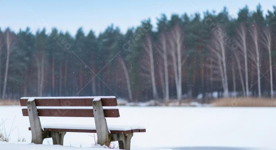 Banco de parque marrom coberto de neve em paisagem de inverno com floresta e lago congelado