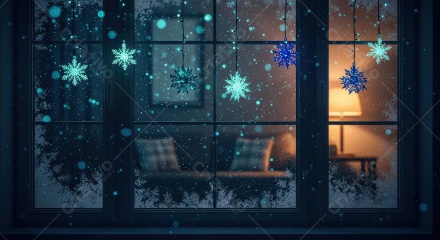 Janela de inverno com neve flocos azuis e vista de interior aconchegante à noite