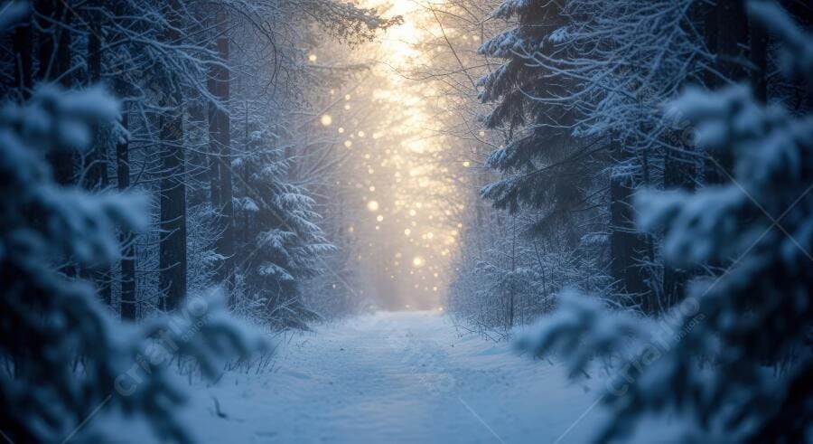 Caminho nevado em floresta de inverno iluminado por luz dourada mágica