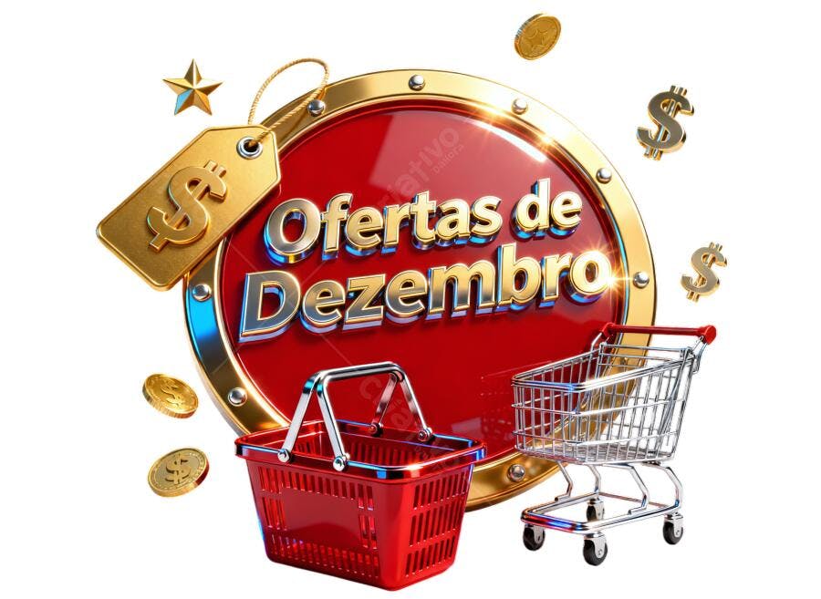 Selo Ofertas de Dezembro com carrinho e cesta PNG com fundo transparente