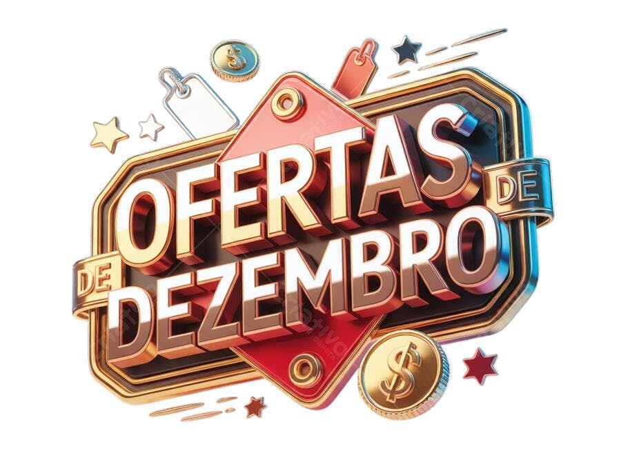 Selo Promocional Ofertas de Dezembro 3D Dourado e Vermelho PNG com fundo transparente