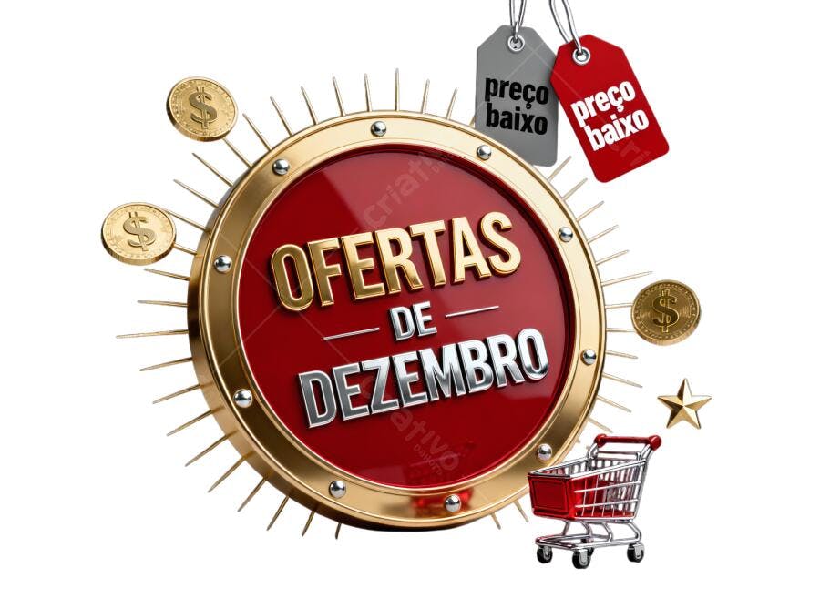 Selo Promocional Ofertas Dezembro Vermelho Dourado Carrinho PNG com fundo transparente