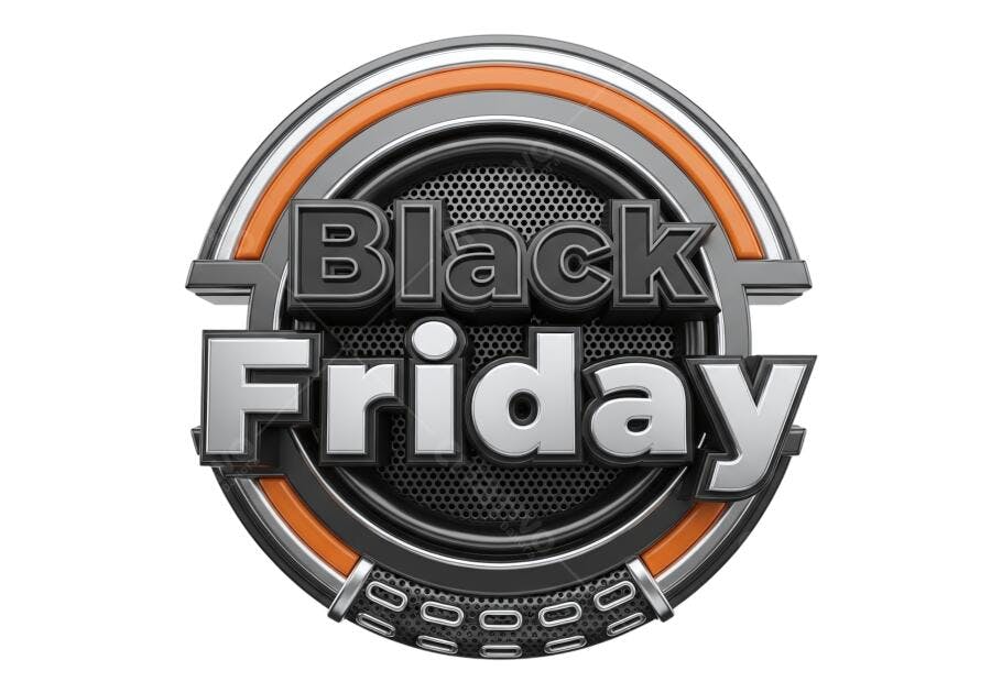 Emblema Promocional Black Friday 3D metálico e laranja PNG com fundo transparente