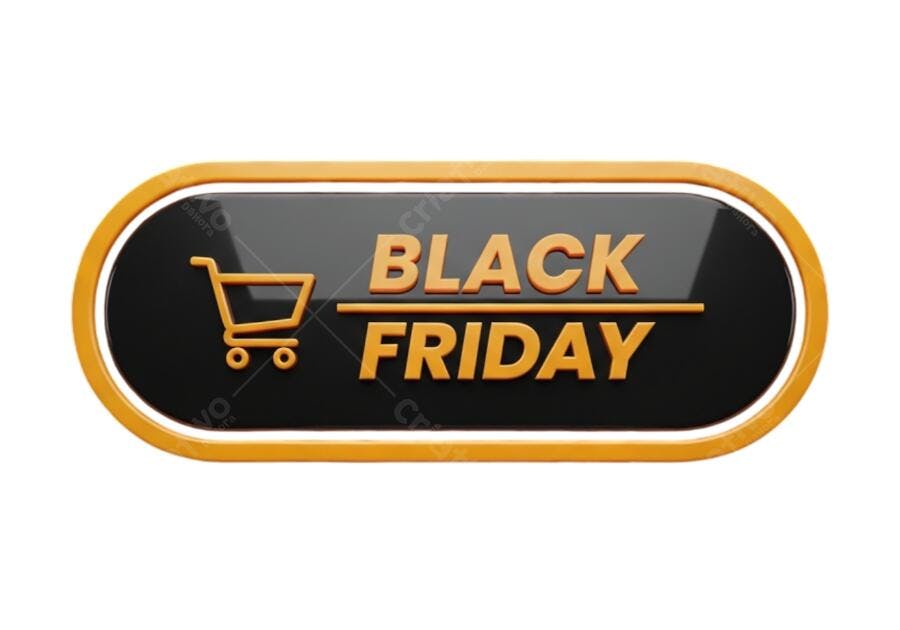 Selo 3D Black Friday Laranja e Preto com Carrinho de Compras PNG com fundo transparente