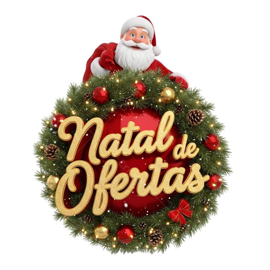 Selo Natal de Ofertas com Papai Noel Guirlanda Vermelha Dourada PNG com fundo transparente