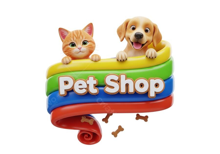 Logotipo Pet Shop com Gato e Cachorro Fofo 3D Colorido PNG com fundo transparente