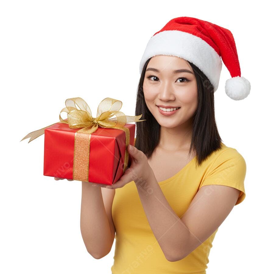 Post Instagram Mulher Asiática Chapéu Papai Noel Presente Natal PNG com fundo transparente