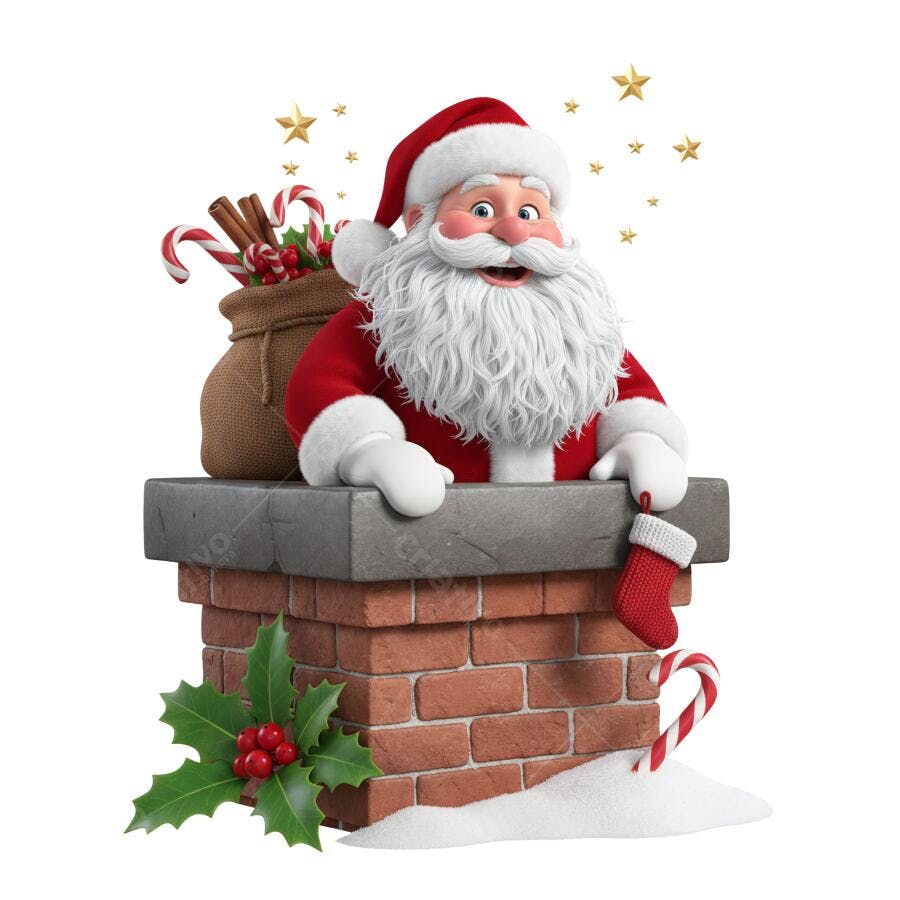 Ilustração 3D Papai Noel alegre na chaminé Natal PNG com fundo transparente