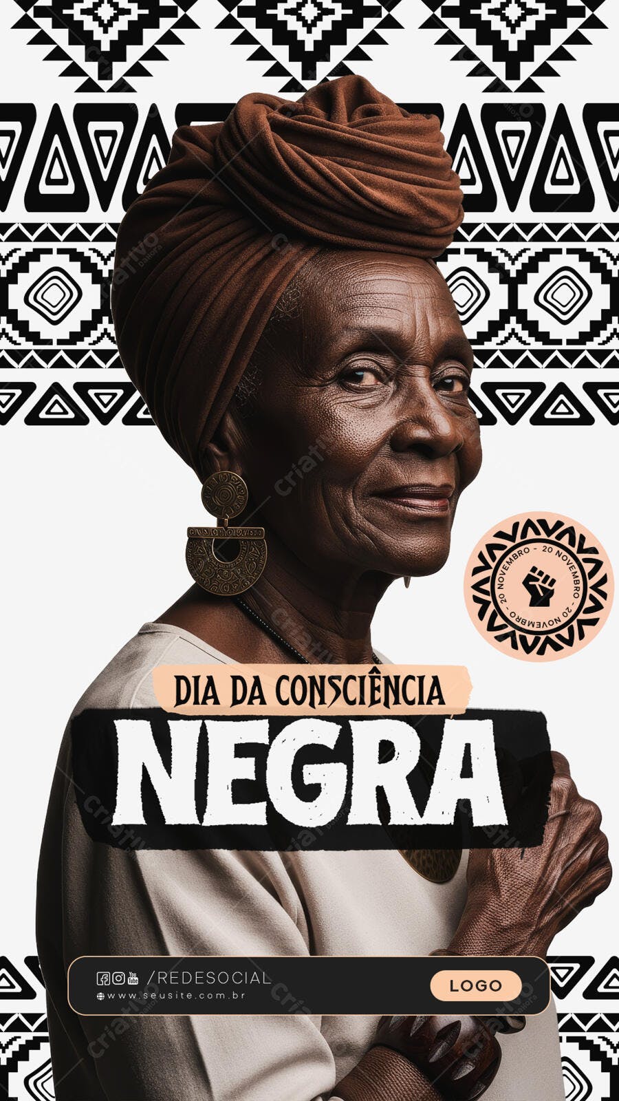 Flyer Dia da Consciência Negra Mulher Idosa Turbante Psd Editável