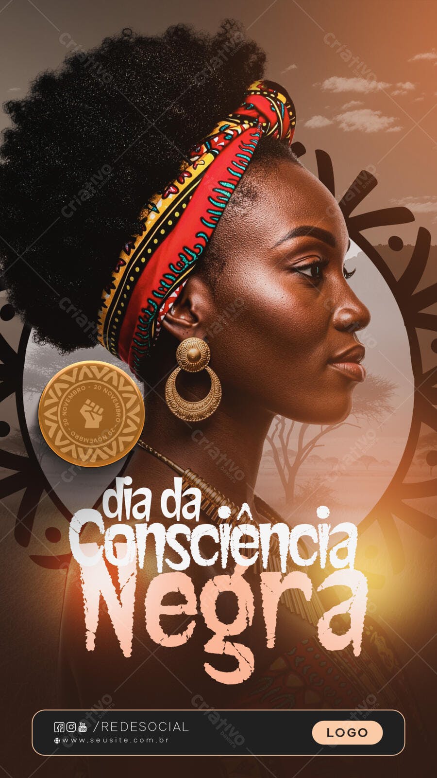 Flyer Dia da Consciência Negra 20 Novembro Mulher Afro PSD Editável