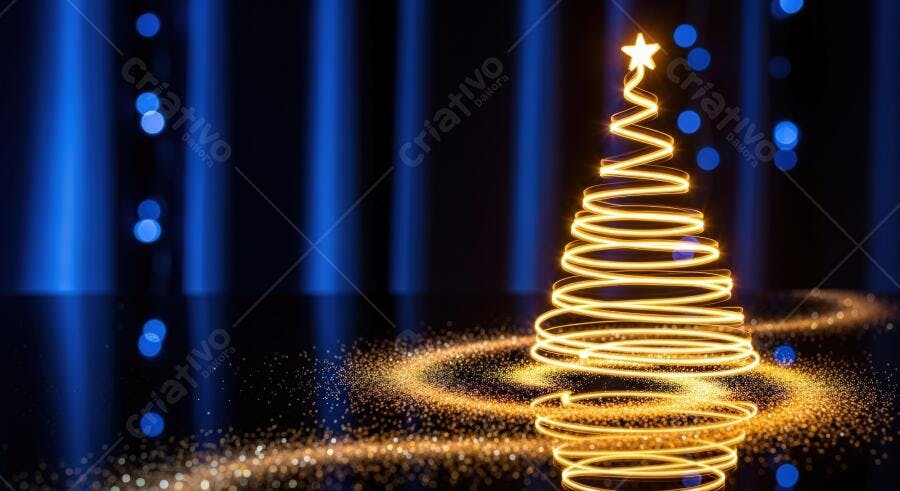Árvore de Natal abstrata de luz dourada com estrela e fundo azul festivo