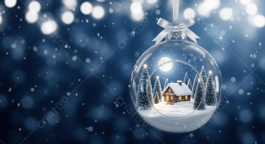 Bola de Natal de vidro com cabana nevada e pinheiros sob a lua cheia