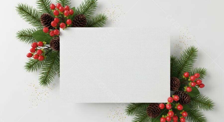 Moldura de Natal festiva com cartão branco ramos de pinheiro e bagas