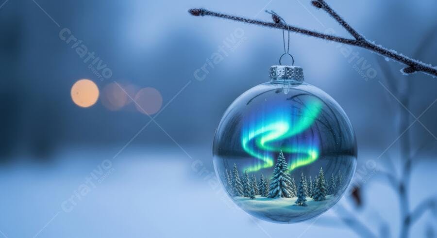 Ornamento de Natal com aurora boreal em galho congelado cenário de inverno