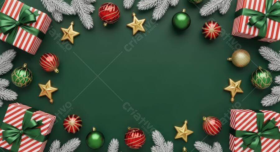 Decoração de Natal com presentes vermelhos verdes e enfeites dourados em fundo verde escuro