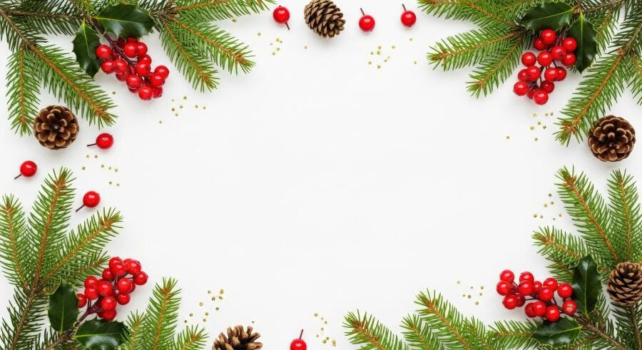 Moldura de Natal com galhos de pinheiro frutas vermelhas e pinhas fundo branco