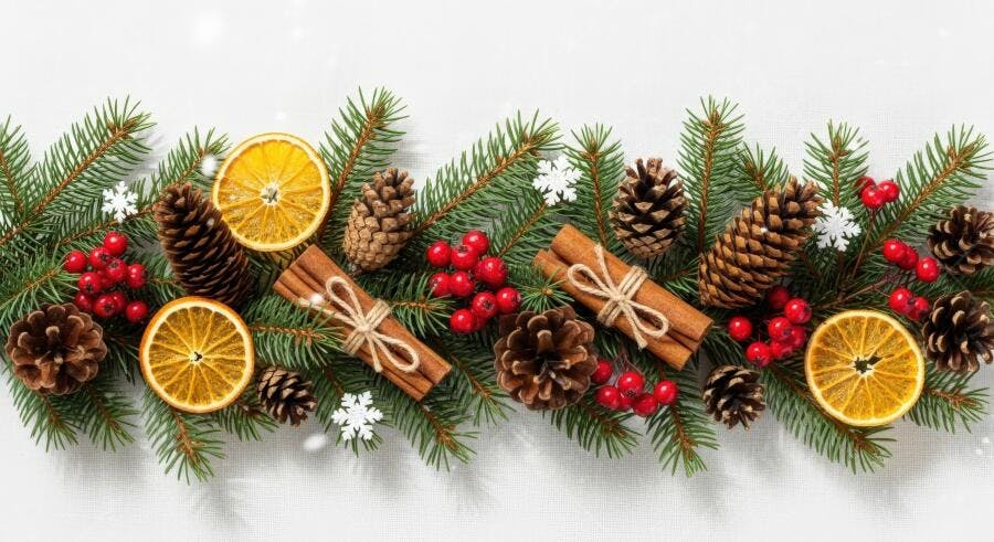 Decoração natalina com pinho pinhas laranjas secas canela e bagas vermelhas