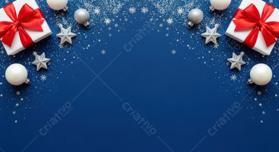 Presentes de Natal e enfeites prateados em fundo azul festivo