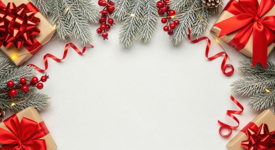 Presentes de Natal embrulhados com laços vermelhos e galhos de pinheiro em fundo branco