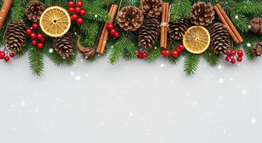 Decoração de Natal com pinhas ramos verdes frutas vermelhas canela e laranjas