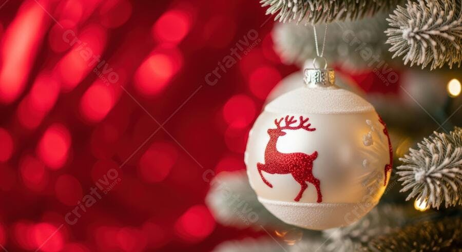 Bola de Natal branca com rena vermelha em árvore nevada festiva