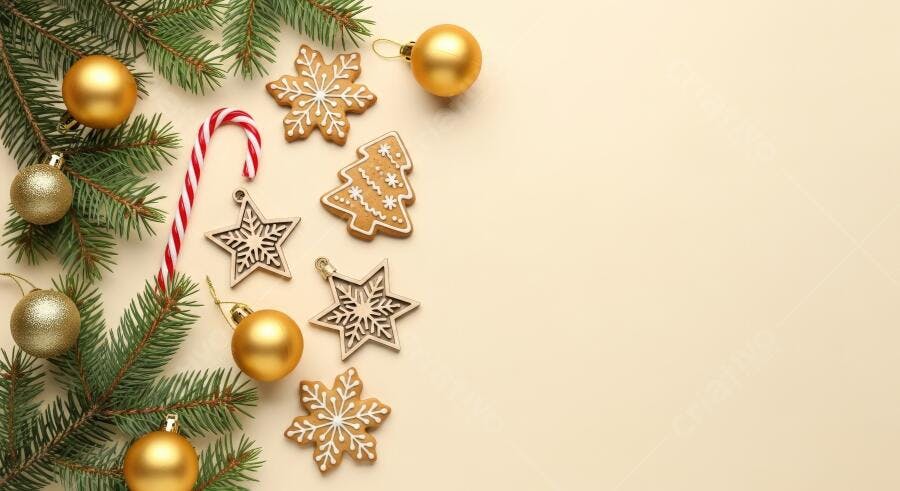 Decoração de Natal com biscoitos e ramos de pinheiro em fundo bege claro