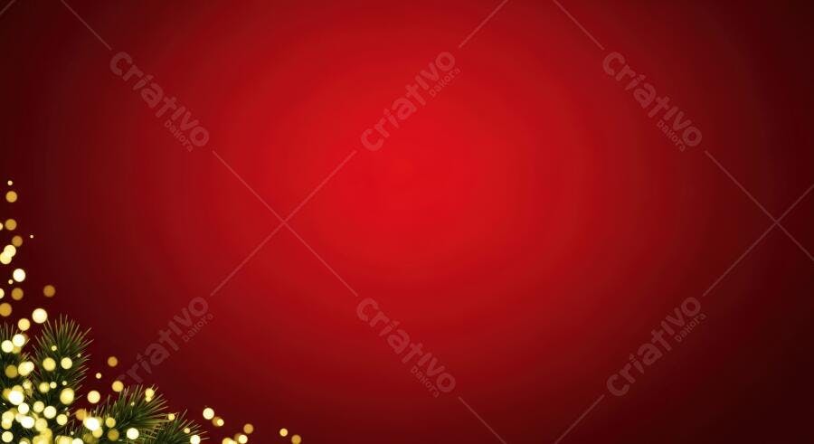 Fundo de Natal vermelho com galhos de pinho e luzes douradas bokeh para mensagem