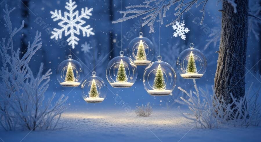 Enfeites de Natal com árvores em floresta nevada azul cenário mágico de inverno