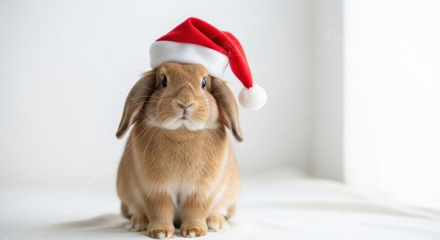 Coelho Lop marrom com gorro de Papai Noel em fundo branco para o Natal
