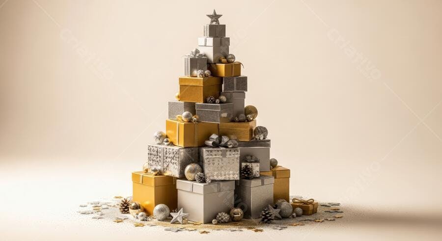Pilha de presentes dourados e prateados formando árvore de Natal com estrela no topo