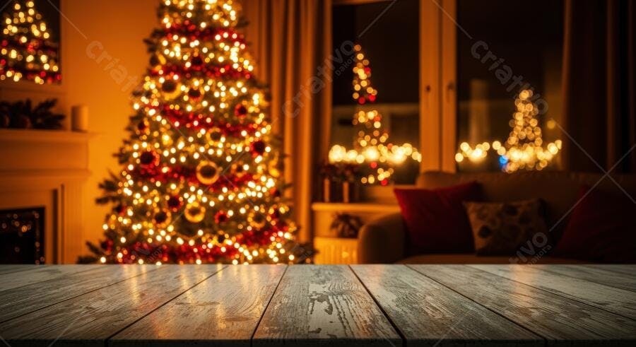Árvore de Natal iluminada em sala aconchegante com mesa de madeira no primeiro plano