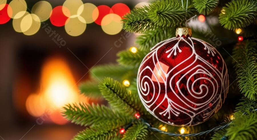 Orbe de Natal vermelho na árvore com lareira e luzes bokeh