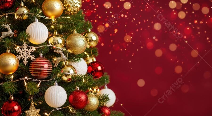 Árvore de Natal decorada com bolas douradas e vermelhas em fundo bokeh