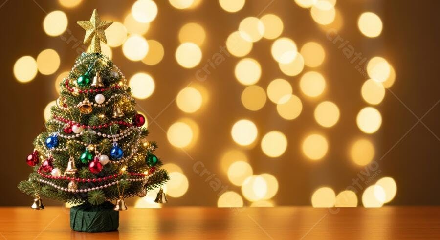 Árvore de Natal pequena decorada com estrela dourada e luzes coloridas fundo bokeh